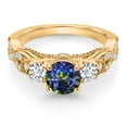 thumbnail image 2 of Gem Stone King 18K Yellow Gold Plated Silver Blue Mystic Topaz White Lab Grown Diamond and White Moissanite Engagement Ring for Women (1.47 Cttw, Gemstone, Round 6MM and 3MM, Size 8), 2 of 4