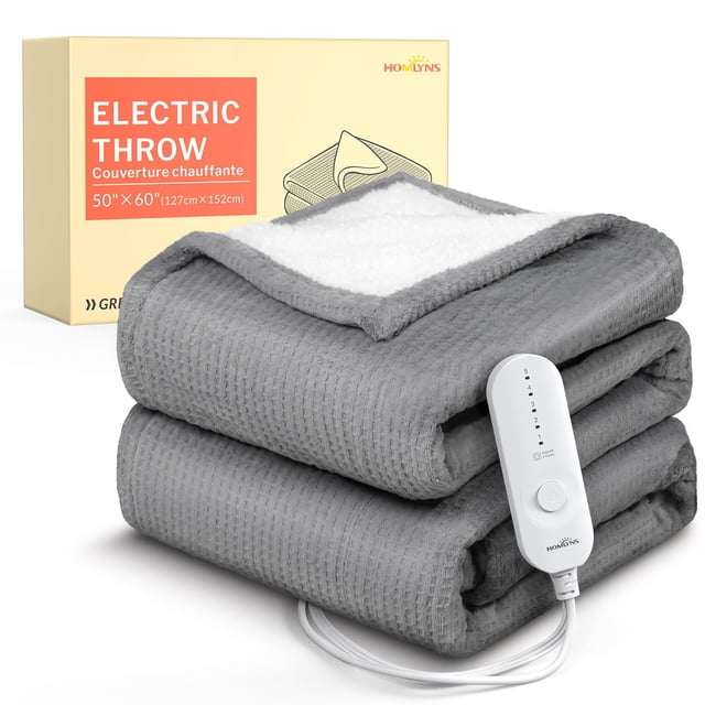 HOMLYNS LuxeHeat Heated Blanket Throw, Soft Flannel Sherpa, Electric Blanket 5 Heat Settings, Fast Heating, Heating Throw Blanket 3 Hours Timer Auto