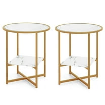 YYAo Dining Table,Side Table,Nightstand,2-Tier Glass End Table Set of 2 with Faux Marble Storage Shelf-White