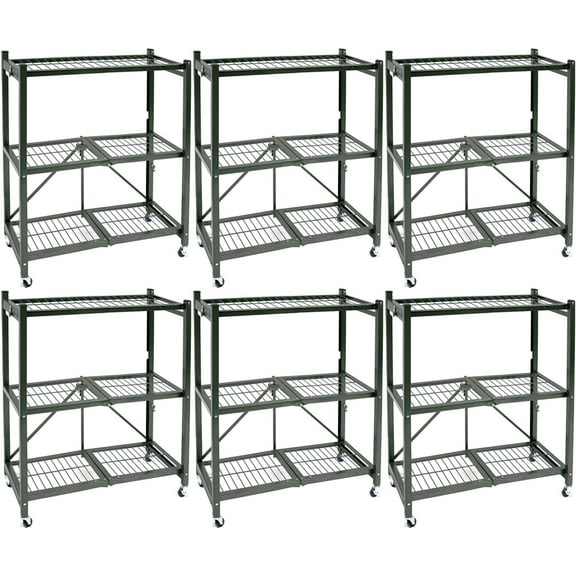 Origami R3 Foldable 3-Tiered Shelf Storage Rack & Wheels, Pewter (6 Pack)