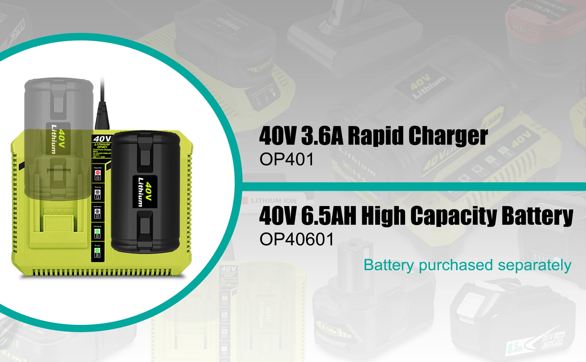 40V Dual Battery Charger Replacement for Ryobi 40V Rapid Charger OP401 OP403 OP404 OP406 OP407A OP40601 6Ah OP40602 4Ah OP4040 5Ah OP4050 Battery Fast Charger Ryobi 40 Volt 40V Dual Charger OP401