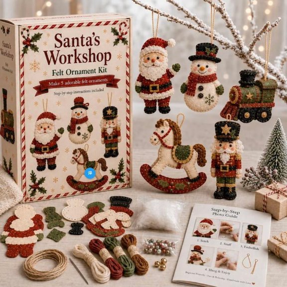 Winter Woodland Felt Ornament Kit,Handmade Seasonal Felt Craft Kit,DIY Dimensional Felt Ornament Set for Holiday Decor,Creative Craft Activity for Home (Santa's Workshop)