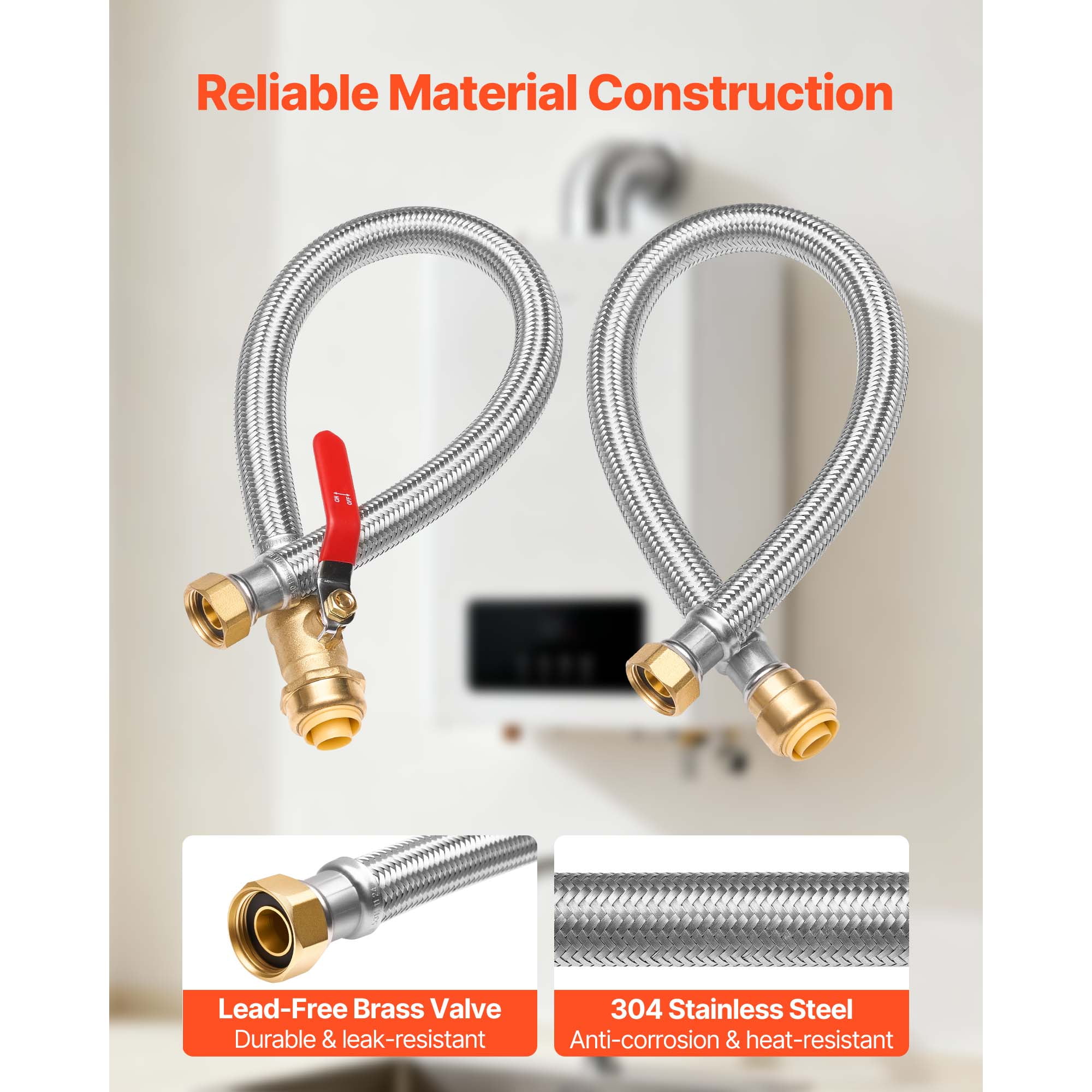 KFFKFF Water Heater Kit with Push-Fit Valve, Flexible Connector and 3/4" FIP x 3/4" PTC Ball Valve, Stainless Steel Braided Supply Line for Bathroom, Kitchen, and Laundry Use
