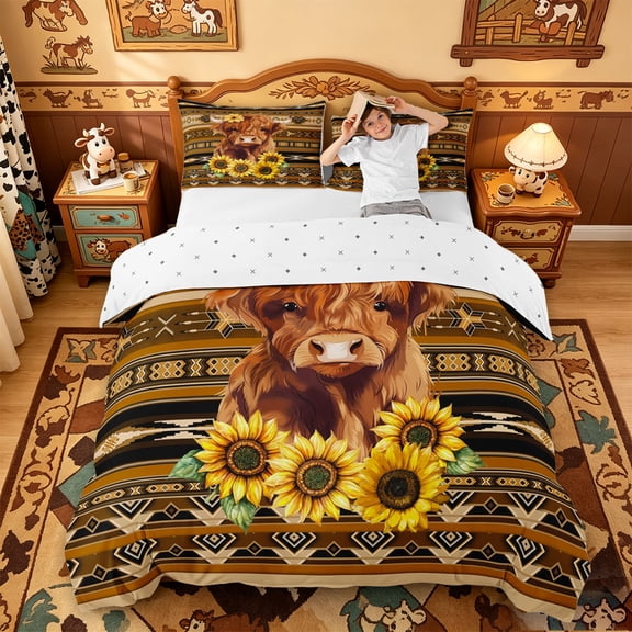 meiyoeat rustic Aztec Highland Cow Bedding,Western Farm Print Duvet Cover Full,Reversible,3-Piece,1 Duvet Cover and 2 Pillowcases