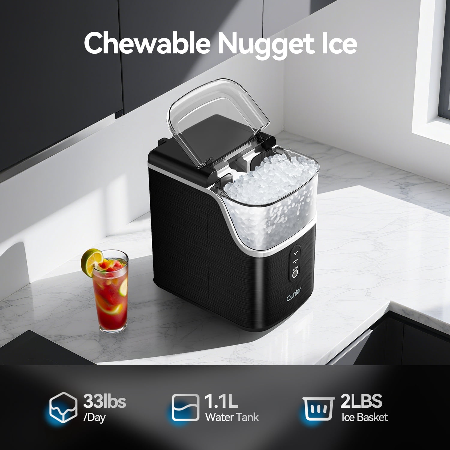 Qunler Nugget Ice Maker Countertops, 33lbs Per Day Portable Pebble ice machine, Crushed ice maker with Soft Chewable Ice for Home, Party, RV, Camping, Stainless Steel Black