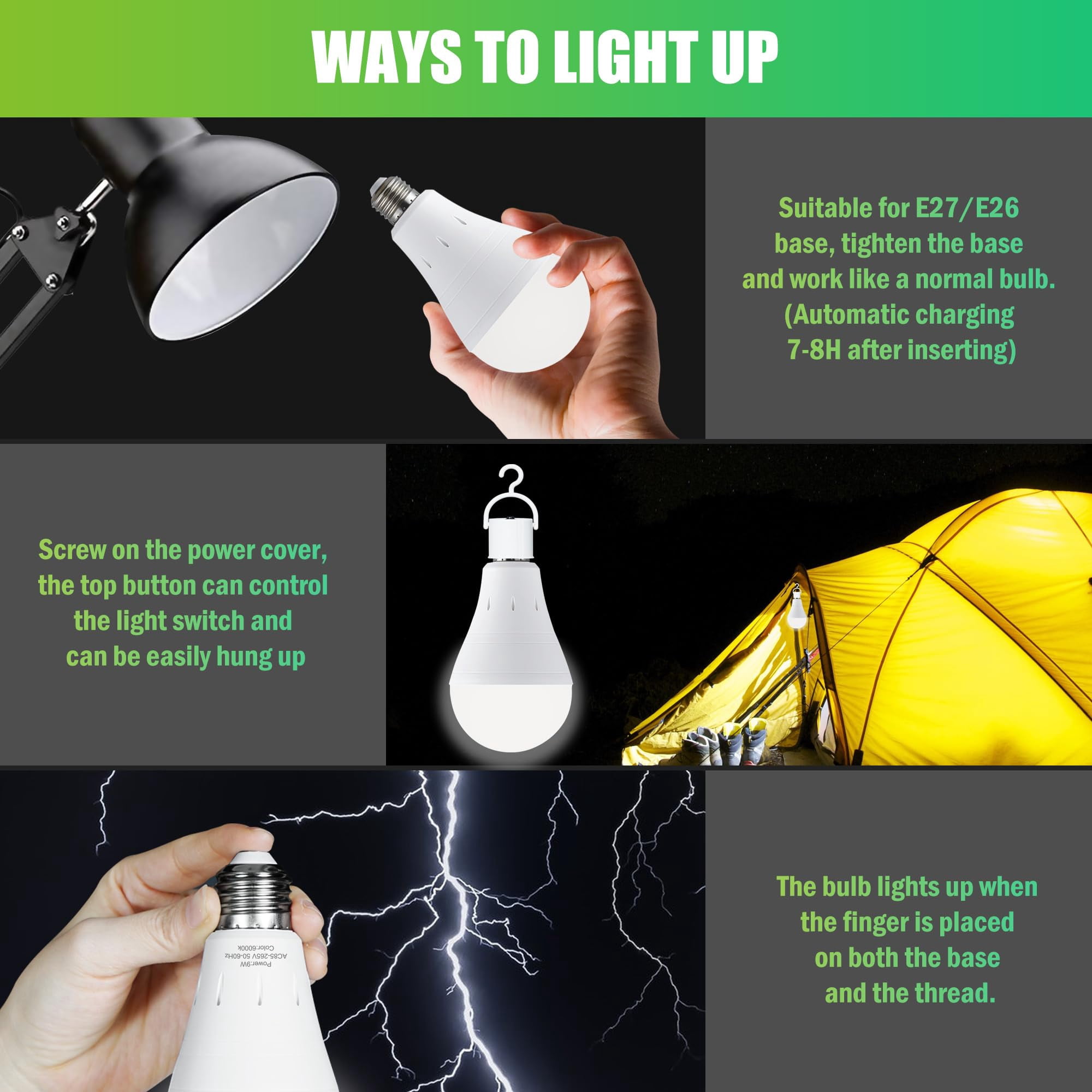 GMOX Rechargeable Emergency LED Light Bulbs, 6 Pack, 9W (Equivalent to 60W), 6500K Daylight White, Battery Backup, E27 Base