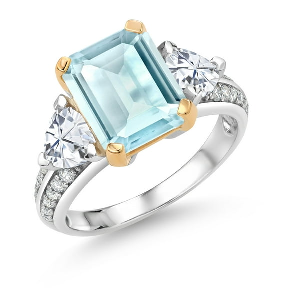 Gem Stone King 925 Sterling Silver and 10k Yellow Gold Sky Blue Topaz and White Moissanite 3 Stone Engagement Ring for Women (5.13 Cttw, Octagon Cut 10X8MM, Size 9)