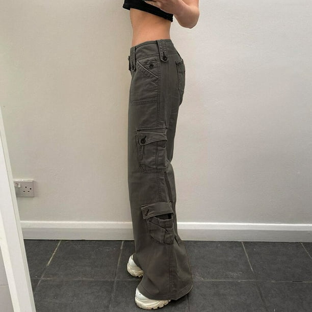 Vintage Multi Pocket Workwear Straight Washed Mid-Waist Jeans 2022 Women  Cargo Trousers Straight Cargo Jeans Pants Femme Mujer
