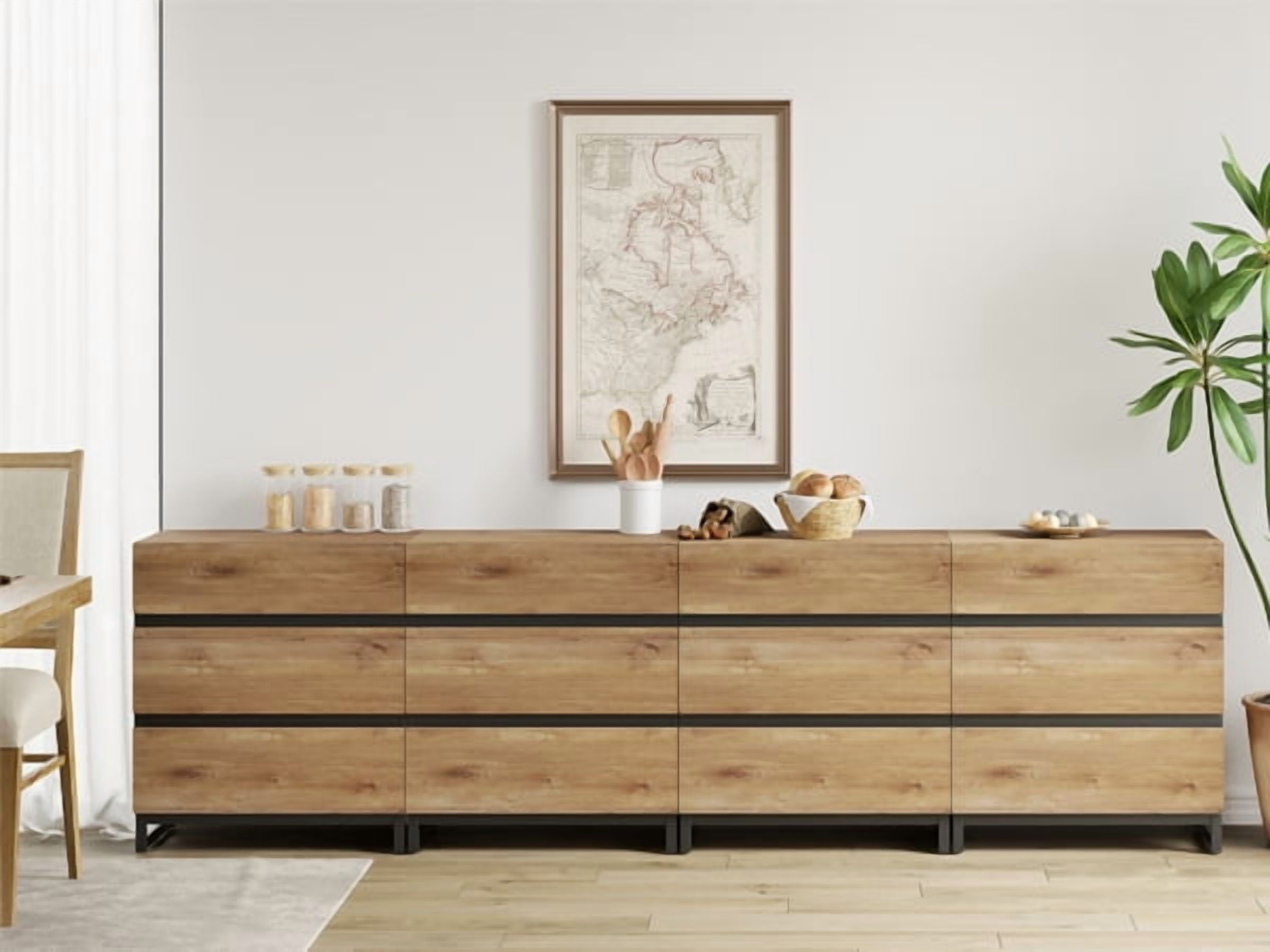 4 In 1 Multifunctional Sideboard Buffet Cabinets, Modern Sideboard With Adjustable Shelf And 12 Drawers, Coffee Bar Cabinet Storage Cabinet For Living Room, Kitchen,Oak