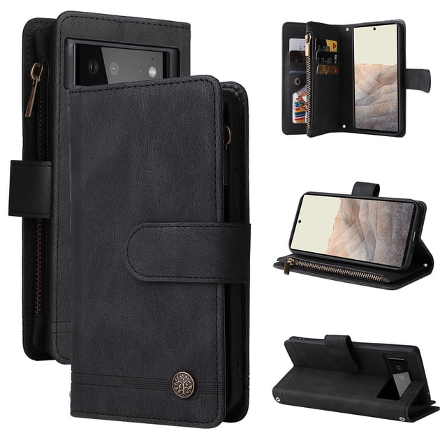 Case for Google Pixel 6 Pro 5G Cover Zipper Pocket Wallet Case Magnetic Protective - Black