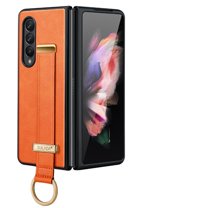 Nalacover Wristband Case for Samsung Galaxy Z Fold4, Metallic Premium PU Leather Slim TPU Shockproof Lens Protection Case with Ring Wrist Strap for Samsung Galaxy Z Fold4, Orange