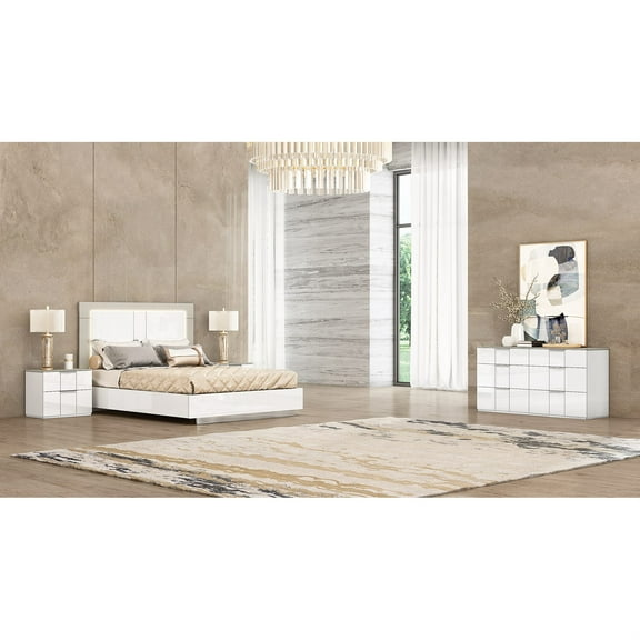 Daisy Bed King, High gloss white, Upholstered panels in headboard in White, Stainless steel legs.