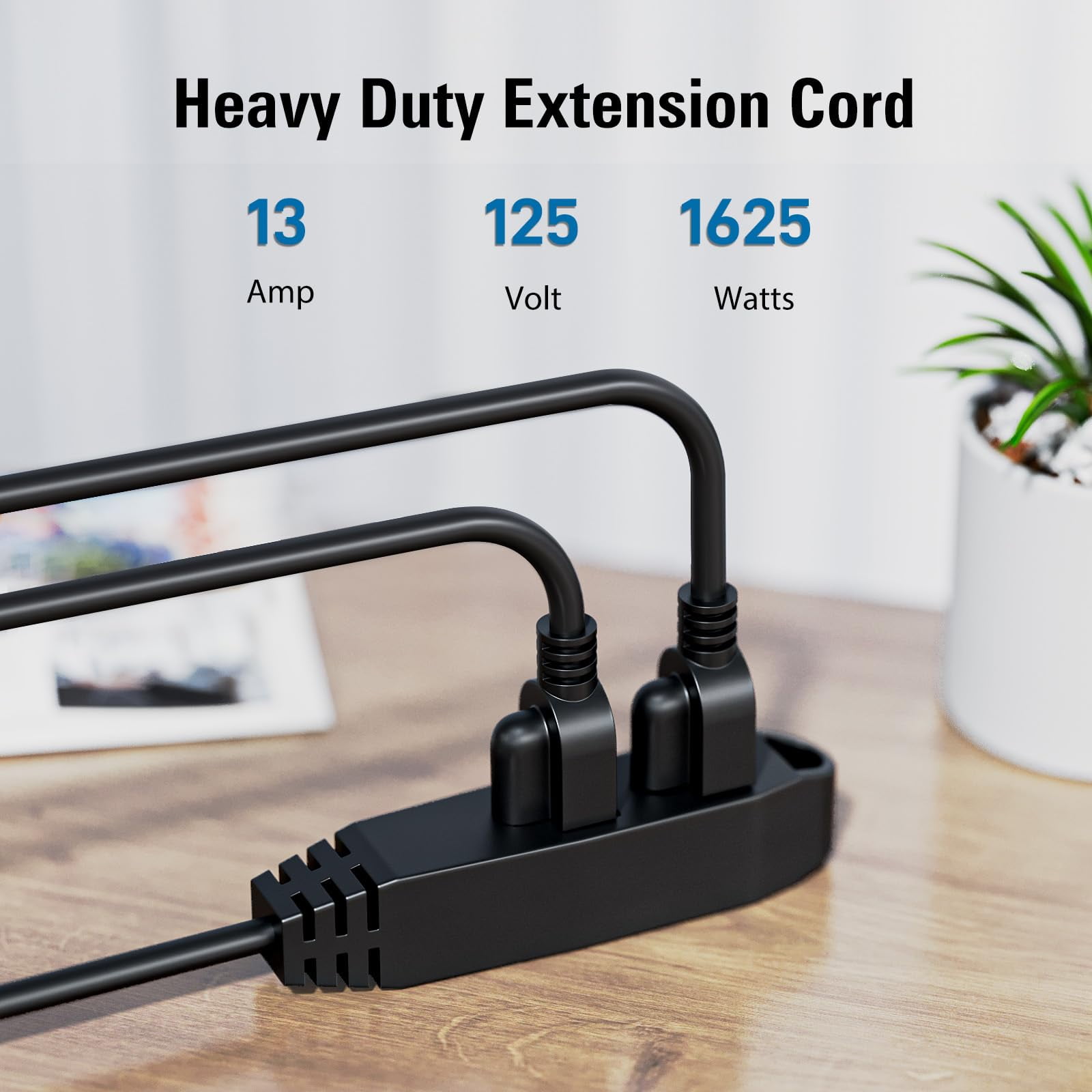 K KASONIC 25 FT Extension Cord with Flat Plug, 16/3 Awg 3 Prong Grounded Power Cable with 13A 125V 1625W, Multi-Outlet Indoor/Outdoor Use, UL Listed, Black