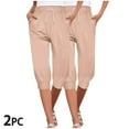 thumbnail image 2 of AJTQTH 2-Pack Capris Joggers for Women Casual Drawstring Sweatpants with Pockets Wide-Leg Loose Yoga Pants Pink M, 2 of 7