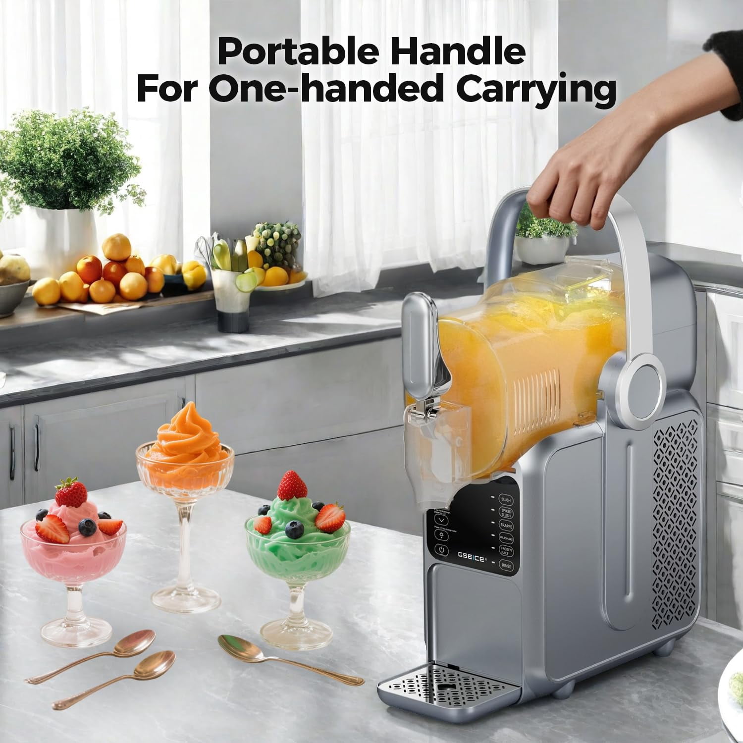 Slushie Machine 101oz No Ice Needed, Slushy Machine for Home with Portable Handle-Gray, Frozen Drink Machine with 5 Preset Programs for Margaritas, Frappés, Milk Shake and More, LED Display
