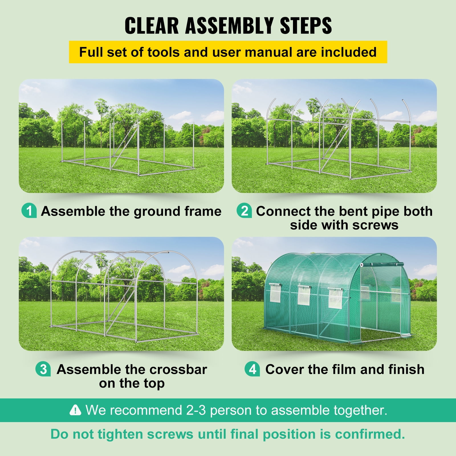 KFFKFF 12 x 7 x 7 ft Walk-in Tunnel Greenhouse, Portable Plant Shelter with Galvanized Steel Hoops, Top Beam, Diagonal Poles, Zippered Door & Roll-up Windows, Green