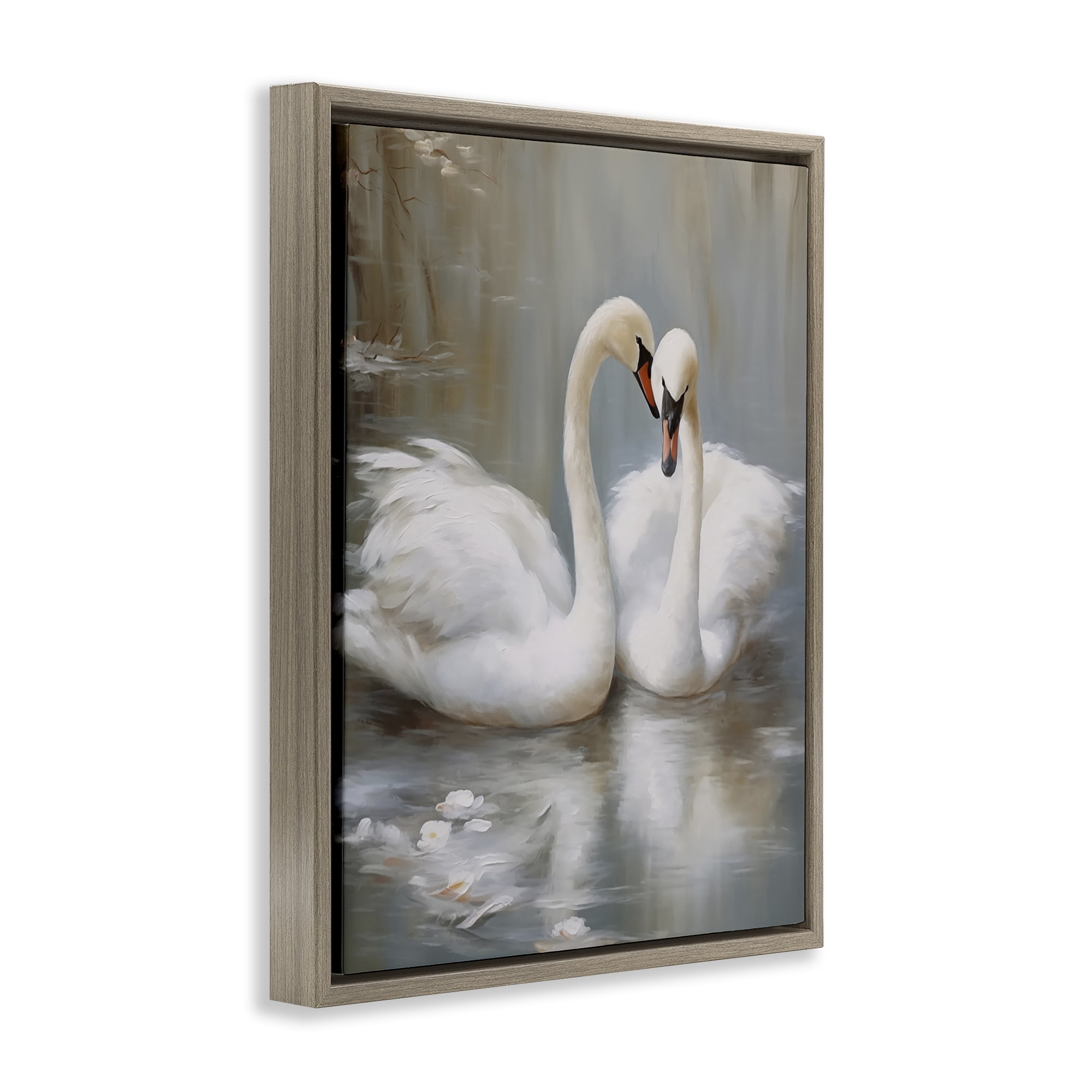 Stupell Industries Kissing Swans on Pond Animals Painting Brown Floater Framed Canvas Art Print Wall Art, 25 x 31