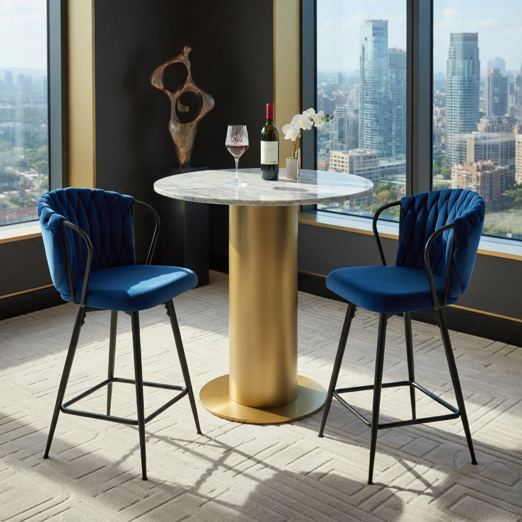 Hommoo 2-Pack Modern Velvet Bar Stools with Woven Rope Backrest & Black Metal Frame, Counter Height Kitchen Island & Home Bar Seating, Blue