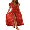 thumbnail image 1 of Femmes V-Cou Floral Split Robe Boho Été Plage Décontracté Longue Robe de Soleil, 1 of 5