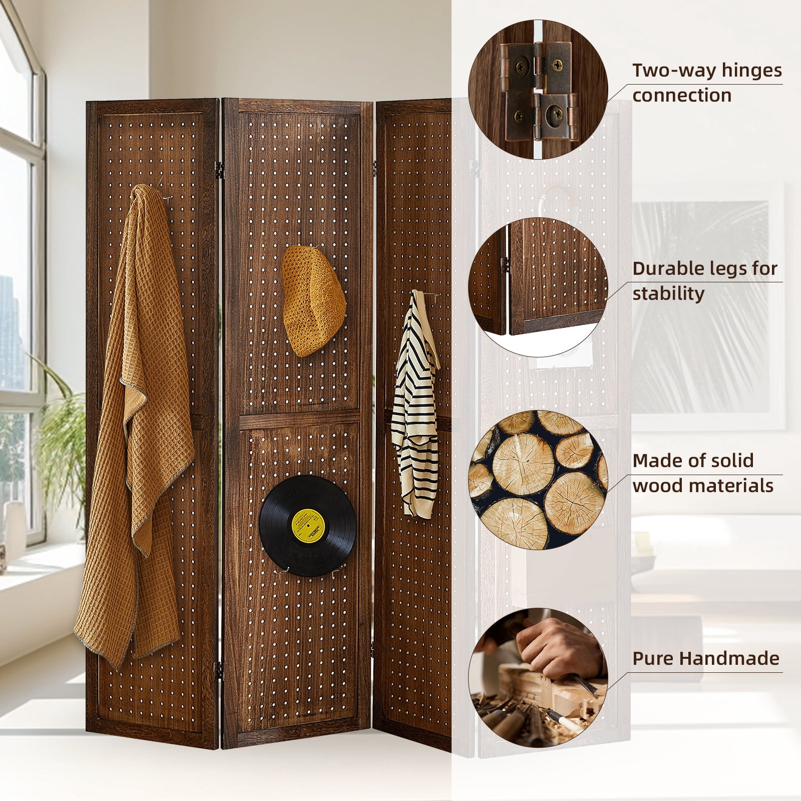 Aletheiawu 4 Panel Display with 16 Hooks, Wood Room Divider Wall, No Installation, Dark Brown