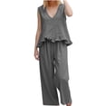 thumbnail image 4 of mihongmao 80s Outfit for Ladies Date Night Sets Women's Casual Summer Beach Loose Two Piece Outfit Sleeveless V Neck Ruffle Top Wide Leg Pants Set Gray XL, 4 of 9