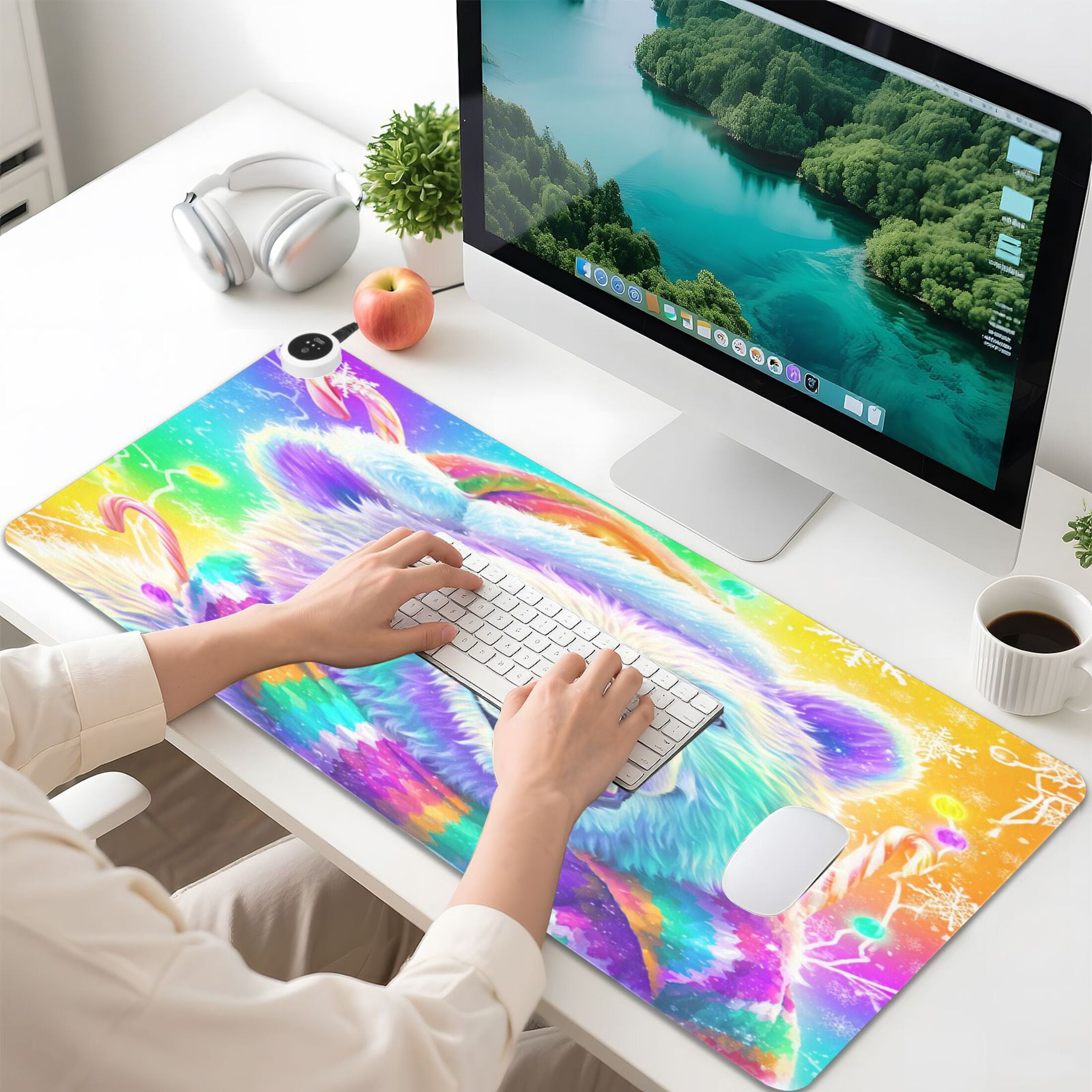 Large Heated Desk Mat Mouse Pad 31.5"x13"PU Leather Graphene Heating Desk Warmer with 3 Temperature Settings 110V US Plug Non-Slip Warm Pad for Home, Office, and Gaming Colorful Polar Bear Pattern