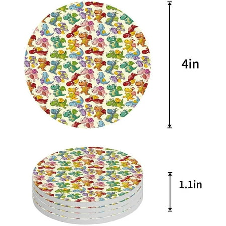 

KXMDXA Cartoon Dinosaur Set of 4 Round Coaster for Drinks Absorbent Ceramic Stone Coasters Cup Mat with Cork Base for Home Kitchen Room Coffee Table Bar Decor