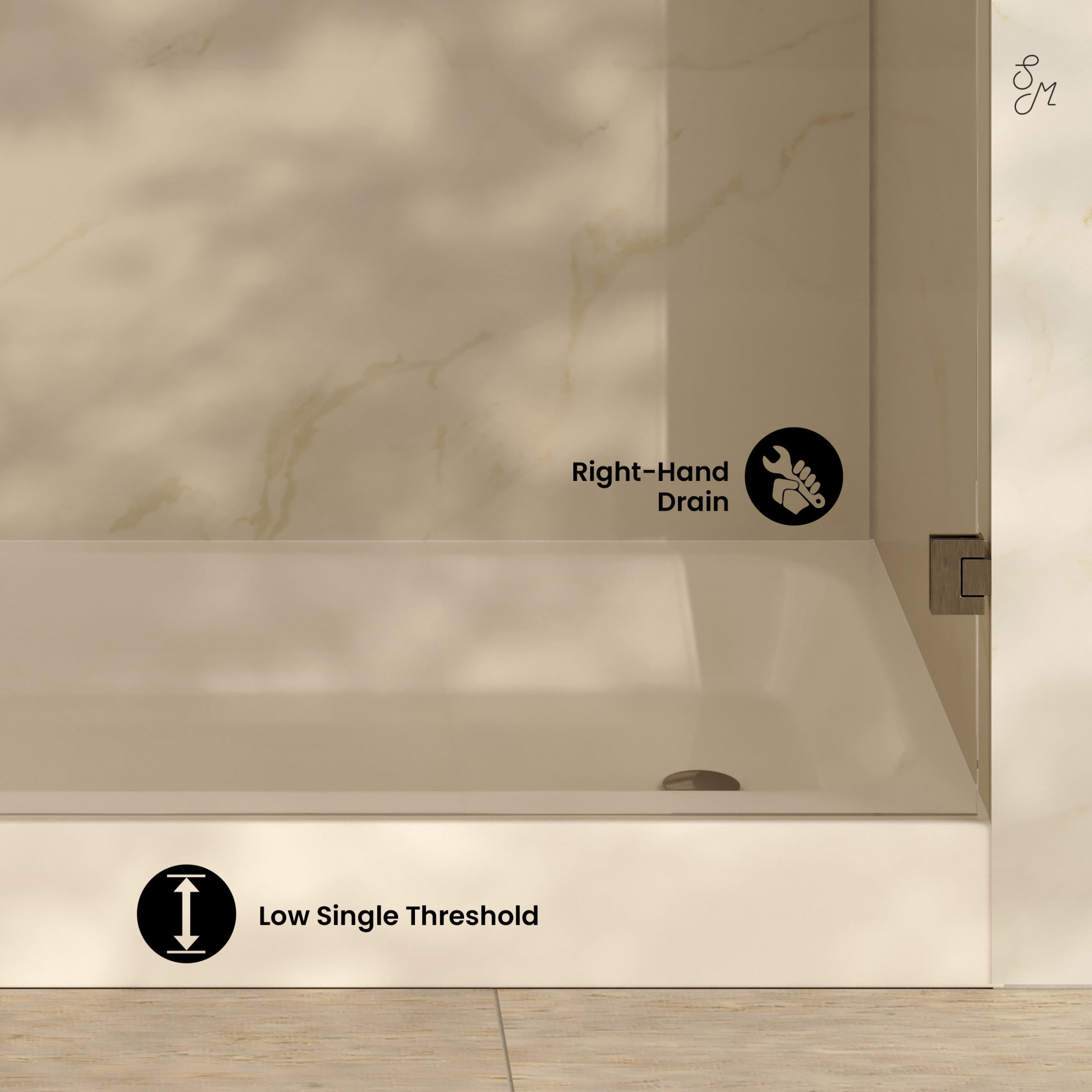 Voltaire 60 x 30 Shower Pan Base with Right Drain in Glossy Bisque