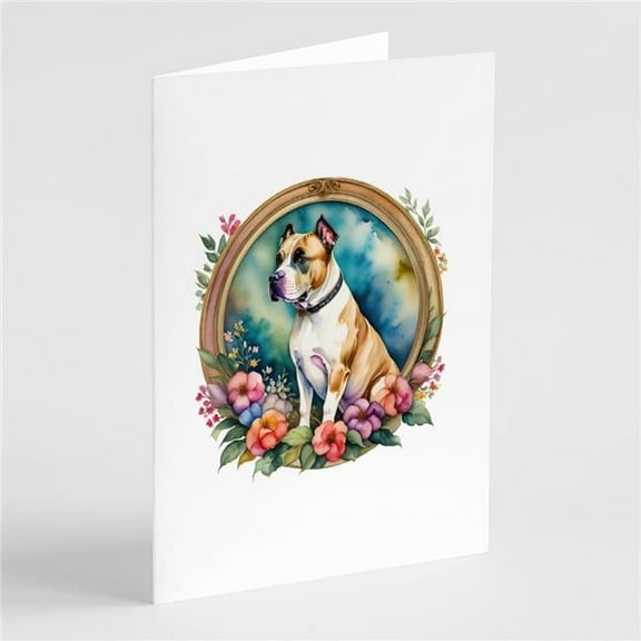 American Staffordshire Terrier and Flowers Greeting Cards and Envelopes Pack of 8 7 in x 5 in