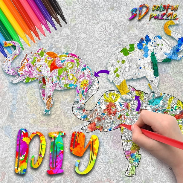 5 6 7 cadeau d'anniversaire pour les filles de 8 ans, ensemble de puzzle  coloré 3D, 4 puzzles de dessin d'animaux avec 12 marqueurs de stylo, cadeau  créatif de bricolage pour les