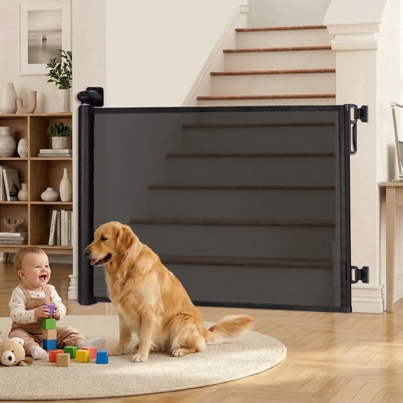 Retractable Pet Gates, Child & Dog Gates for Stairs, Extends to 71" Wide, 34" Tall, Use for Outdoor, Indoor, Hallways, Doorways, Deck, Porch, Black