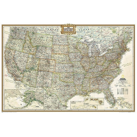 National Geographic Maps United States Executive Antique-Style Wall Map Poster, 36" x 24"