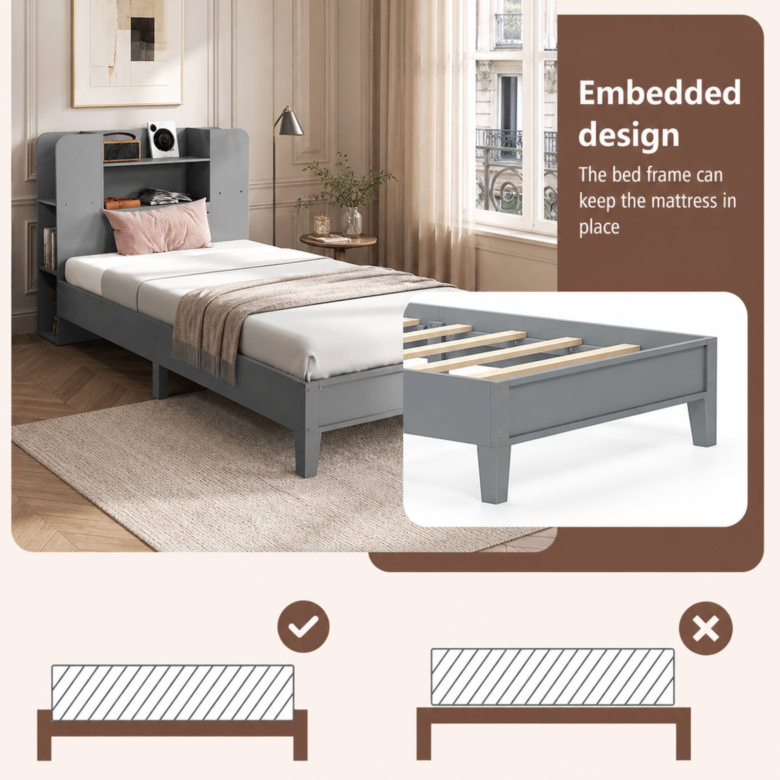 Furnibear Twin Platform Bed Frame with Built in Bookcase Headboard 2 Tier Shelf 6 Open Compartments Solid Wood Slats and No Box Spring Needed, Gray