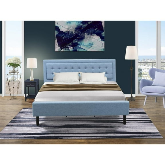 East West Furniture FN11K-1VL0C 2-Piece Platform Bed Set with 1 King Size Bed and a Small Nightstand - Denim Blue Linen Fabric