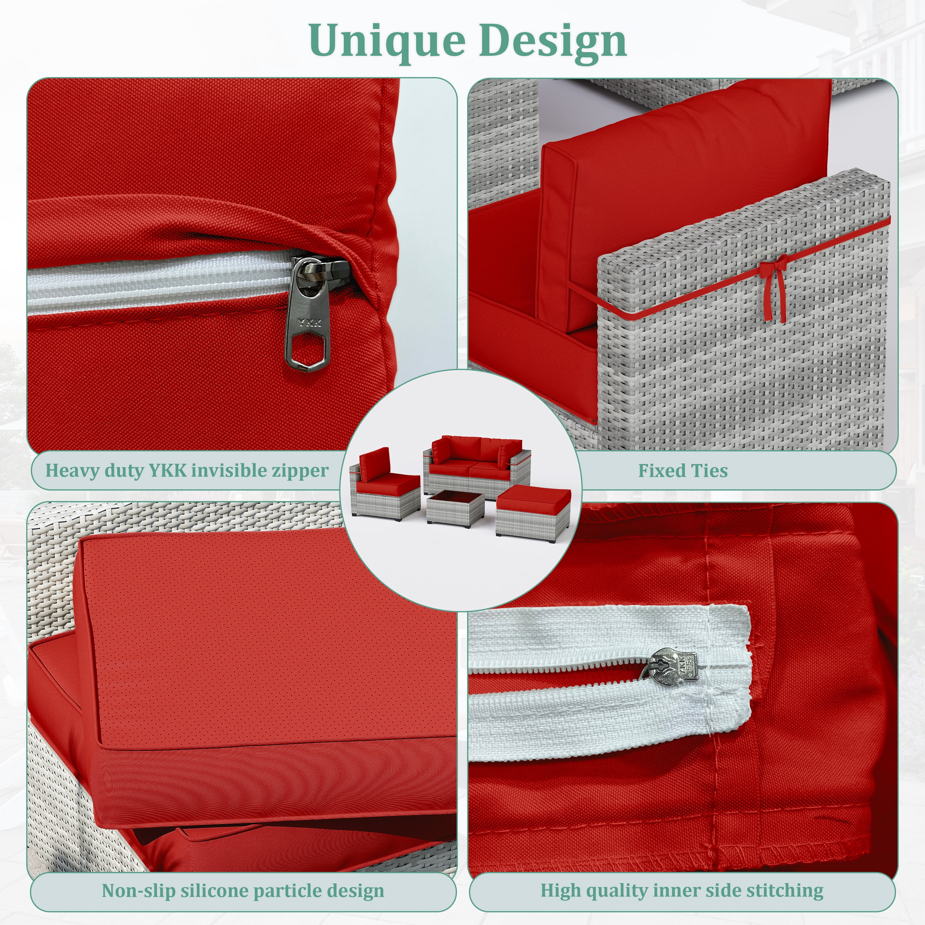 Snubbull Patio Furniture Cushions, Replacement Outdoor Cushions for 4-Seat Sectional Sofa,Waterproof & Zipped, Red
