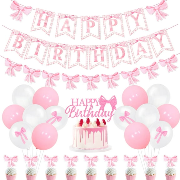 Merrystorm Pink Bow Happy Birthday Party Decorations Girl Coquette Birthday Decor Pink Bow Coquette Birthday Banner Pink Bow Theme Cupcake Topper Latex Ballons for Girls Bow Birthday Party Supplies