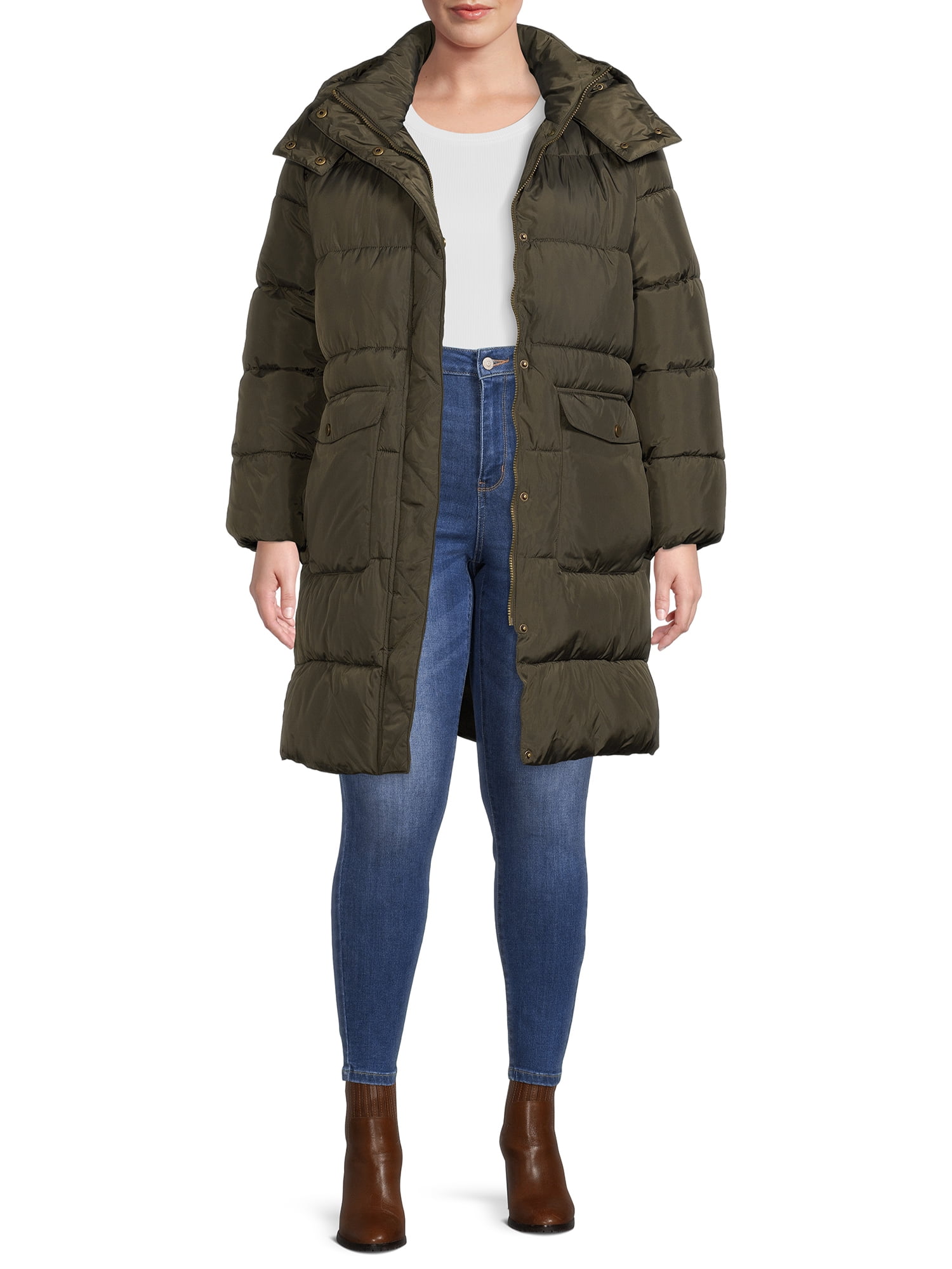 BCBG Paris Women's Plus Size Long Puffer Coat with Hood