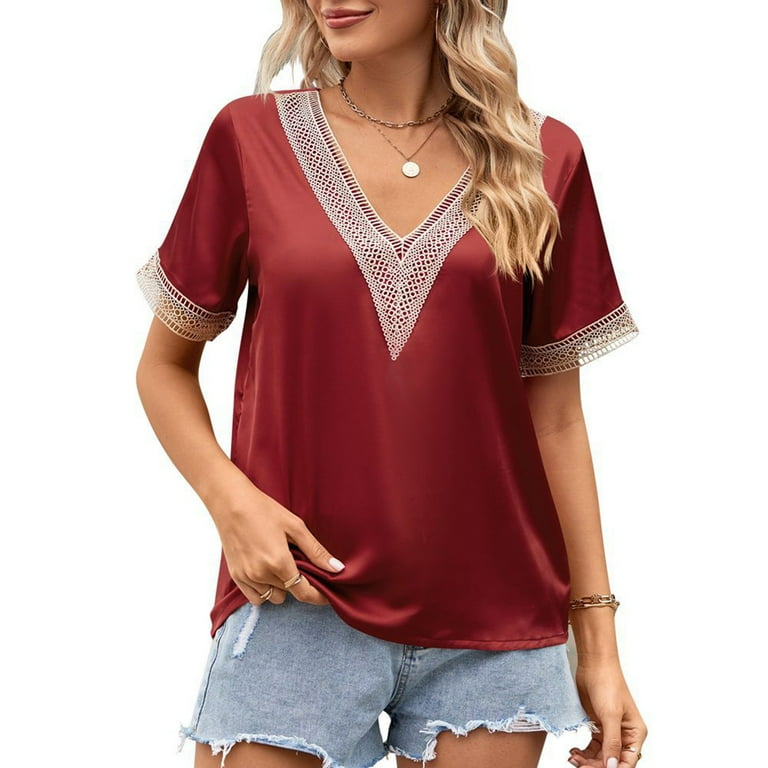 CZHJS Women s Short Sleeve Elegant Flowy Tops Clearance Fashion 2024 Spring Tops Ladies Summer Vintage Shirts Leisure Tunic to Wear with Leggings
