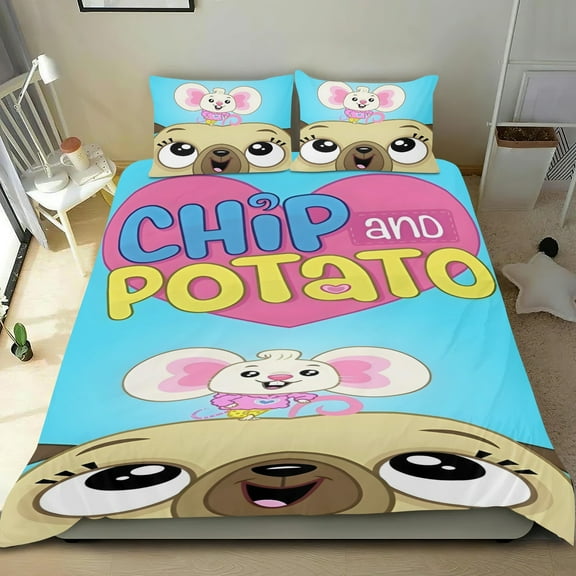 Chip And Potato Themed Bed Sheet Set Three Piece Set 53x79 Inches Comfortable And Skin Friendly Unique Design Creating A Star Studded Night