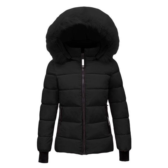 CONYUMN Women's 2024 Warm Parka Jacket Short Quilted Waterproof Coat with Faux Fur Hood Sizes M-4Xl Lightweight Winter Outwear (Black,XXXXL)