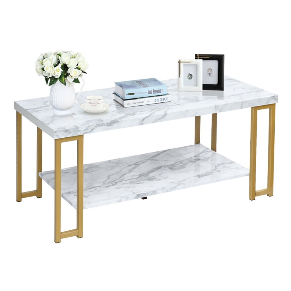 Finihen Wooden Coffee Table, Rectangular Coffee Table, 2-Tier Rectangular Modern Coffee Table with Gold Print Metal Frame, for Living Room, Reception Room, Office, White