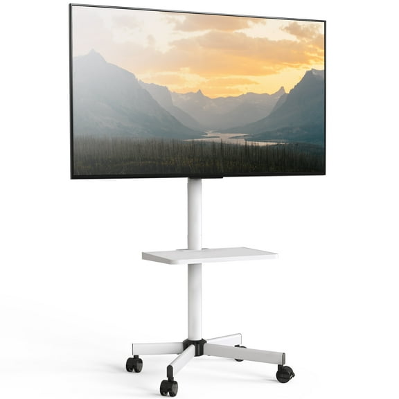 AOKCOS Rolling TV Stand With Wheels Mobile Cart for 32 to 65 inch TVs with Shelf,White