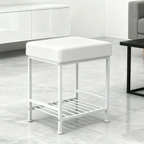 Upholstered Storage Stool with Metal Frame, Multi - functional Ottoman Bench with Lower Shelf for Entryway, Bedroom, Living Room