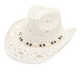 thumbnail image 3 of Xijirk Open Straw Cowboy Hat with Wide Brim UPF 50+ Bead Breathable Hollow Weave Sun Hat for Beach Music Festival Ranch Travel Outdoor Daily Wear,White,One Size, 3 of 3
