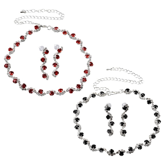 2 Sets Silver Jewelry Set Women 2 Colors Red Black Rhinestone Necklace Chain With Imitation Diamond Dangle Earrings