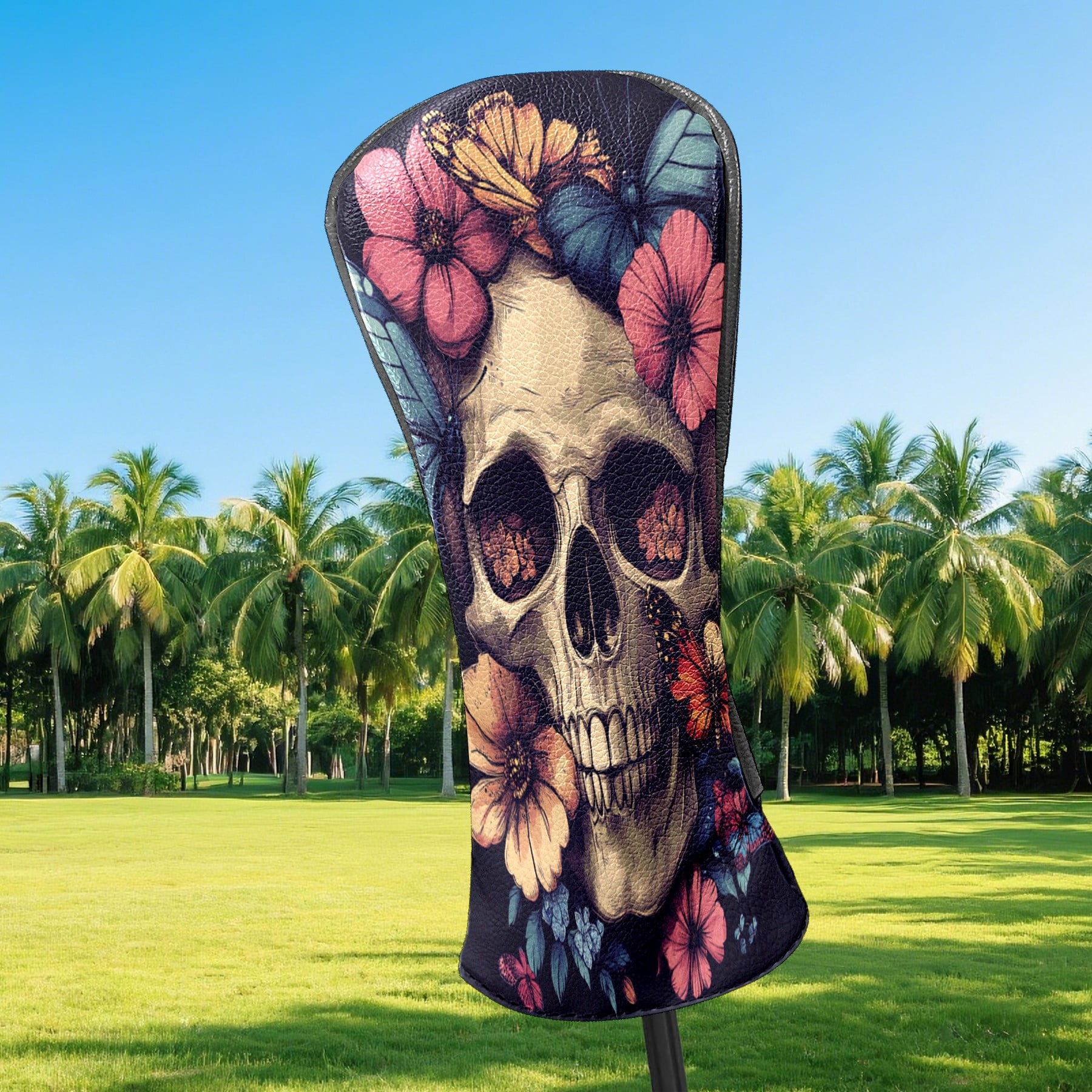 Golf Club Covers PU Leather Waterproof Head Covers for Fairway Woods Hybrids Skull With Butterflies and Flowers