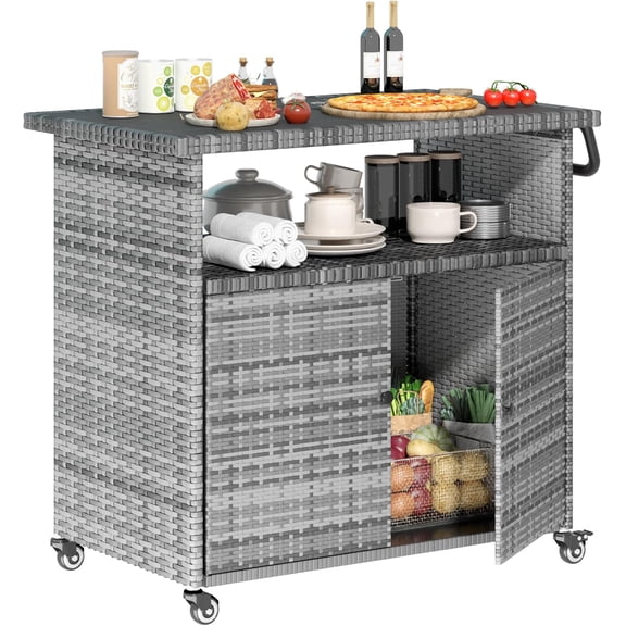 AECOJOY Patio Wicker Bar Tables with Wheels&Shelf Patio Serving Table Outdoor Storage Cabinet Outdoor Bar Cart