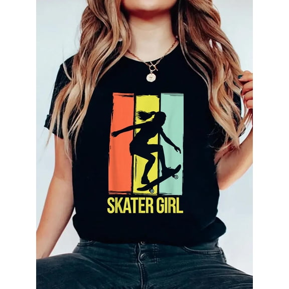 Cool Skateboarding Art for Women Girls Skater Skateboarder T-Shirt Women's Graphic Tee Casual Tops