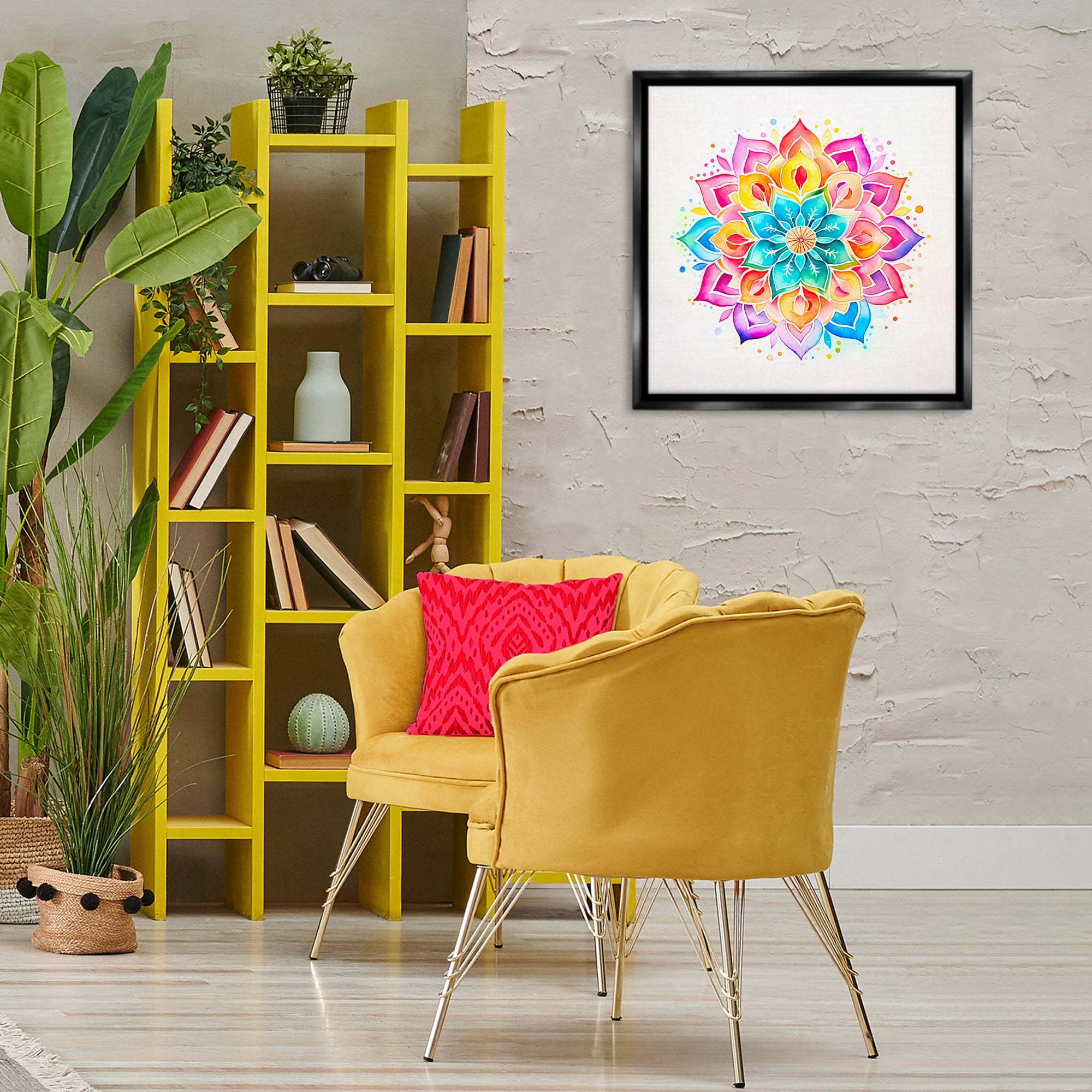 Stupell Industries Bright Rainbow Mandala Abstract Painting Black Floater Framed Canvas Art Print Wall Art, 25 x 25