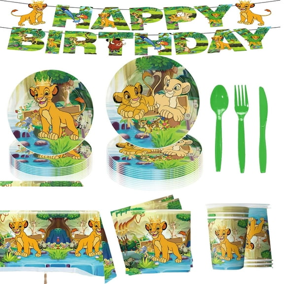 Lion King themed party decorations, holiday party decorations, forest animal themed tablecloths, birthday banners, plates and napkin sets